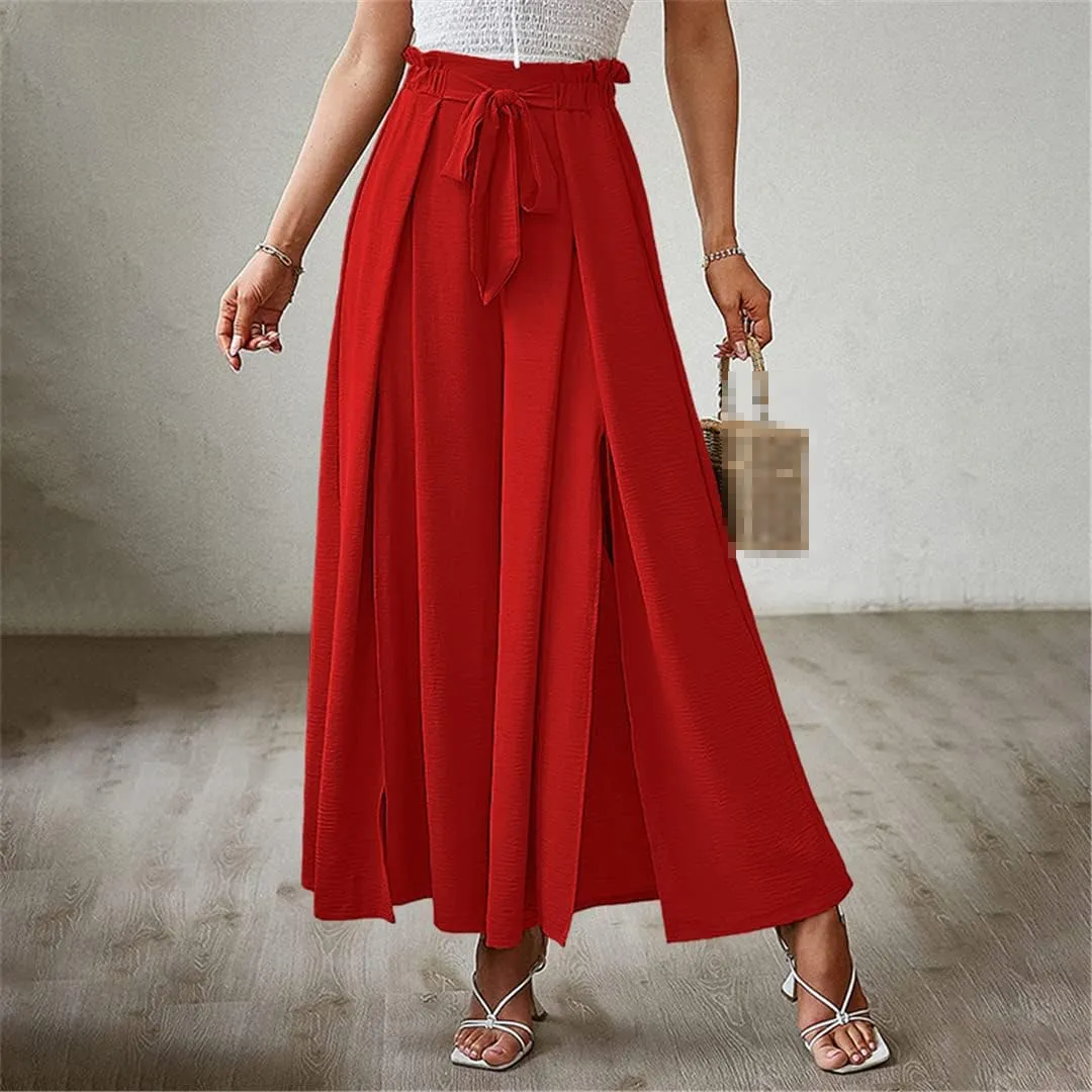 ERFMFKL Women's Lightweight Trousers Bow Loose Fold Wide Leg Pants High Waist Lace Up Pants