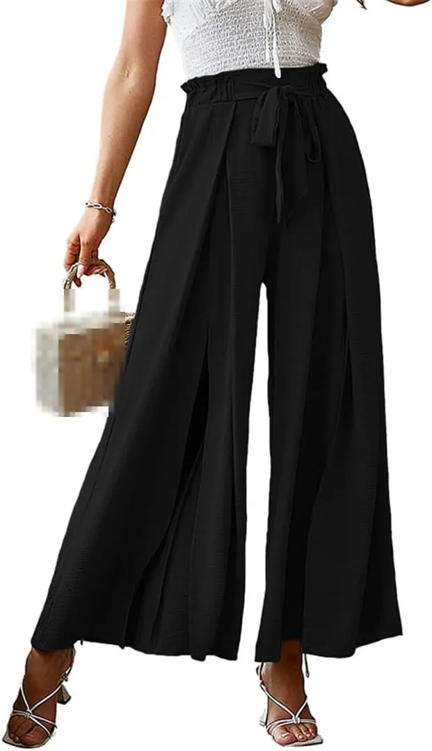 ERFMFKL Women's Lightweight Trousers Bow Loose Fold Wide Leg Pants High Waist Lace Up Pants
