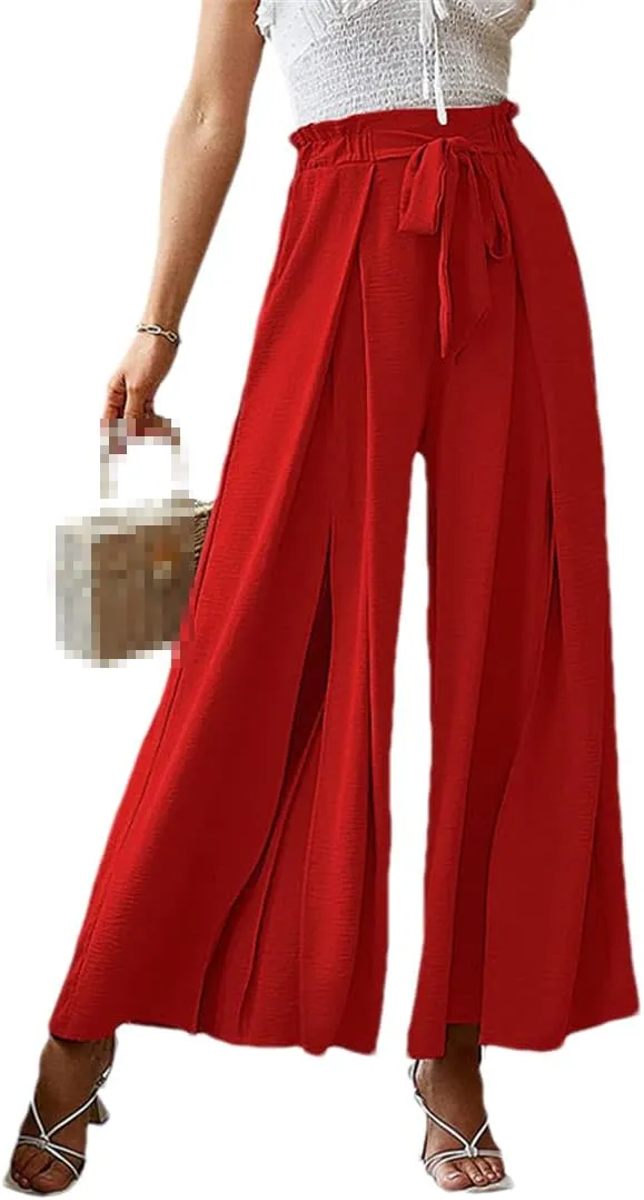 ERFMFKL Women's Lightweight Trousers Bow Loose Fold Wide Leg Pants High Waist Lace Up Pants