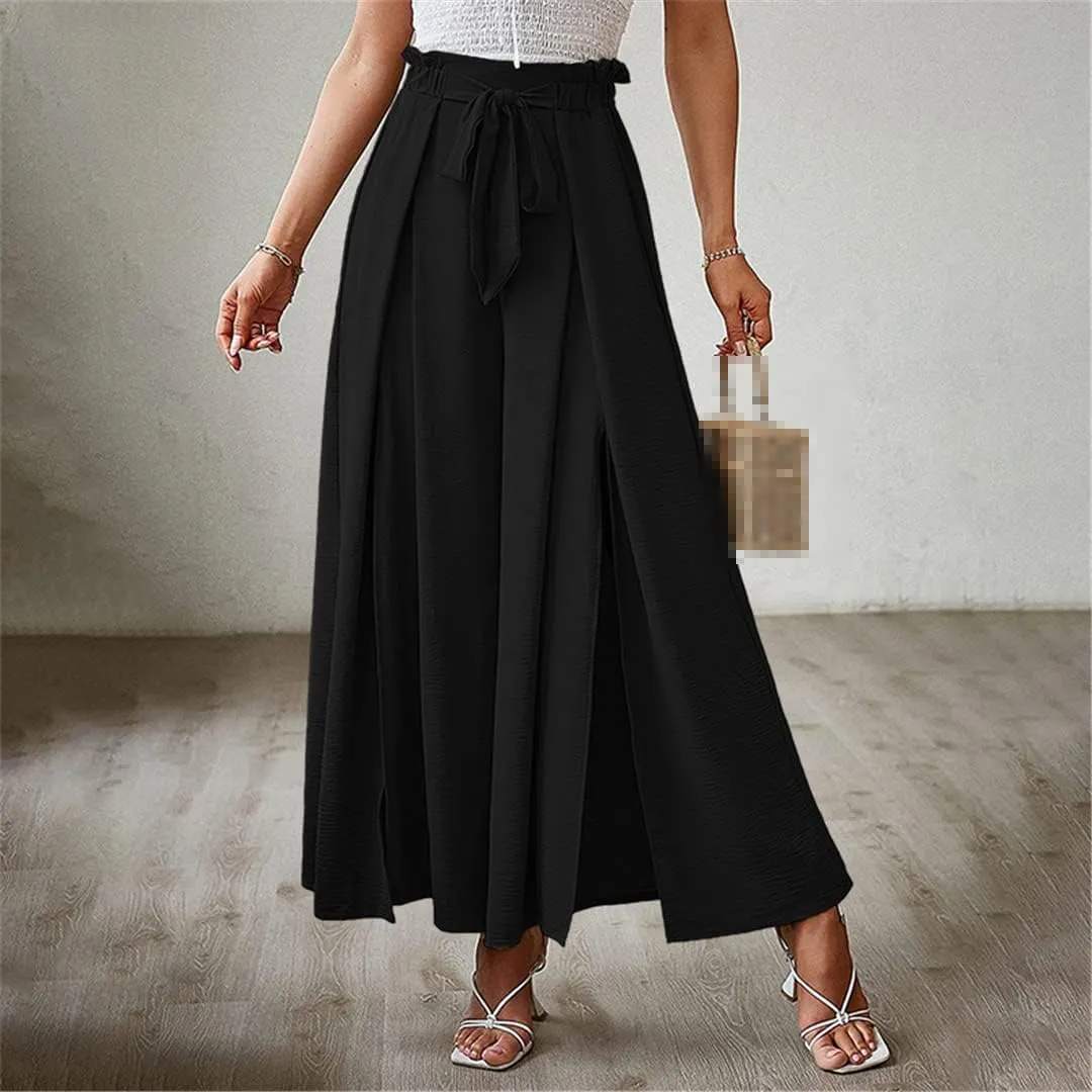 ERFMFKL Women's Lightweight Trousers Bow Loose Fold Wide Leg Pants High Waist Lace Up Pants