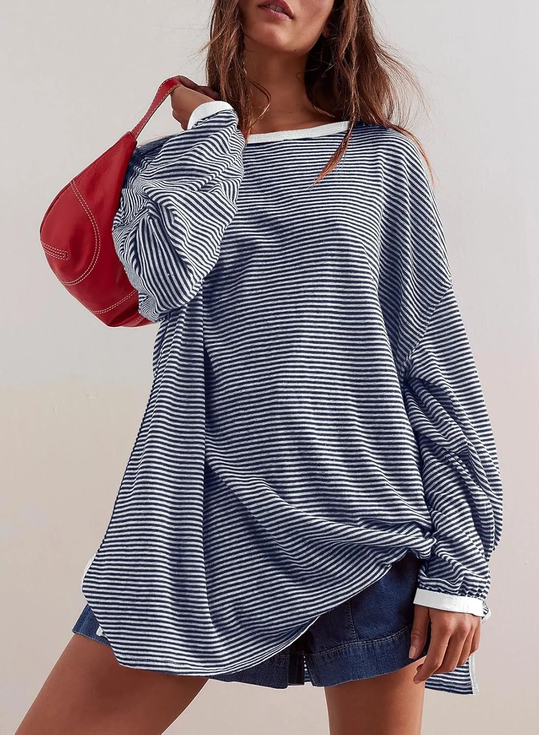 EVALESS Long Sleeve Shirts for Women Trendy Lightweight Crew Neck Striped Tee Shirt Top