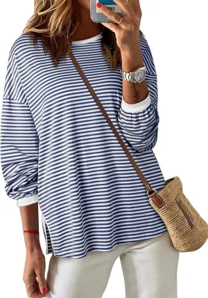 EVALESS Long Sleeve Shirts for Women Trendy Lightweight Crew Neck Striped Tee Shirt Top