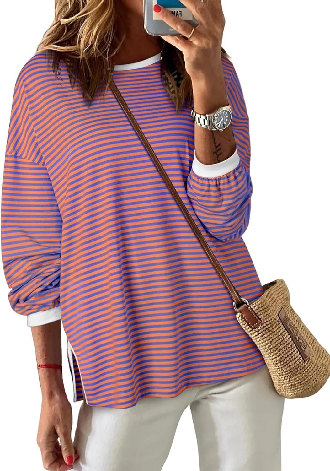 EVALESS Long Sleeve Shirts for Women Trendy Lightweight Crew Neck Striped Tee Shirt Top