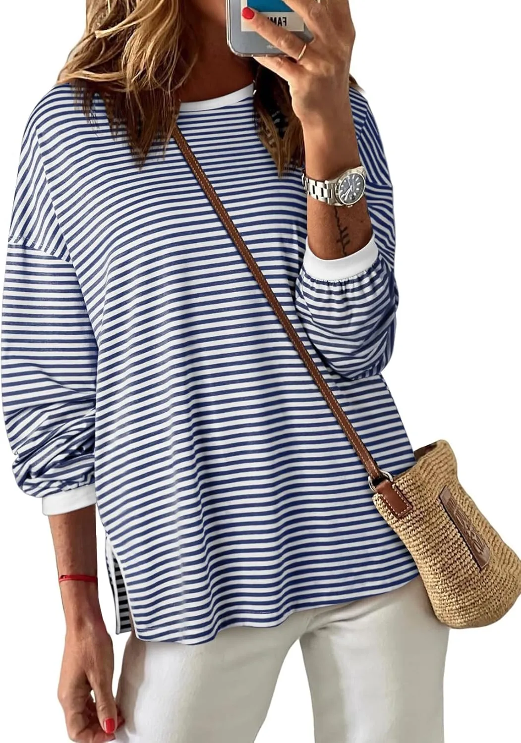 EVALESS Long Sleeve Shirts for Women Trendy Lightweight Crew Neck Striped Tee Shirt Top
