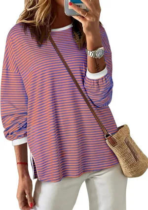 EVALESS Long Sleeve Shirts for Women Trendy Lightweight Crew Neck Striped Tee Shirt Top