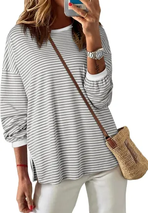 EVALESS Long Sleeve Shirts for Women Trendy Lightweight Crew Neck Striped Tee Shirt Top