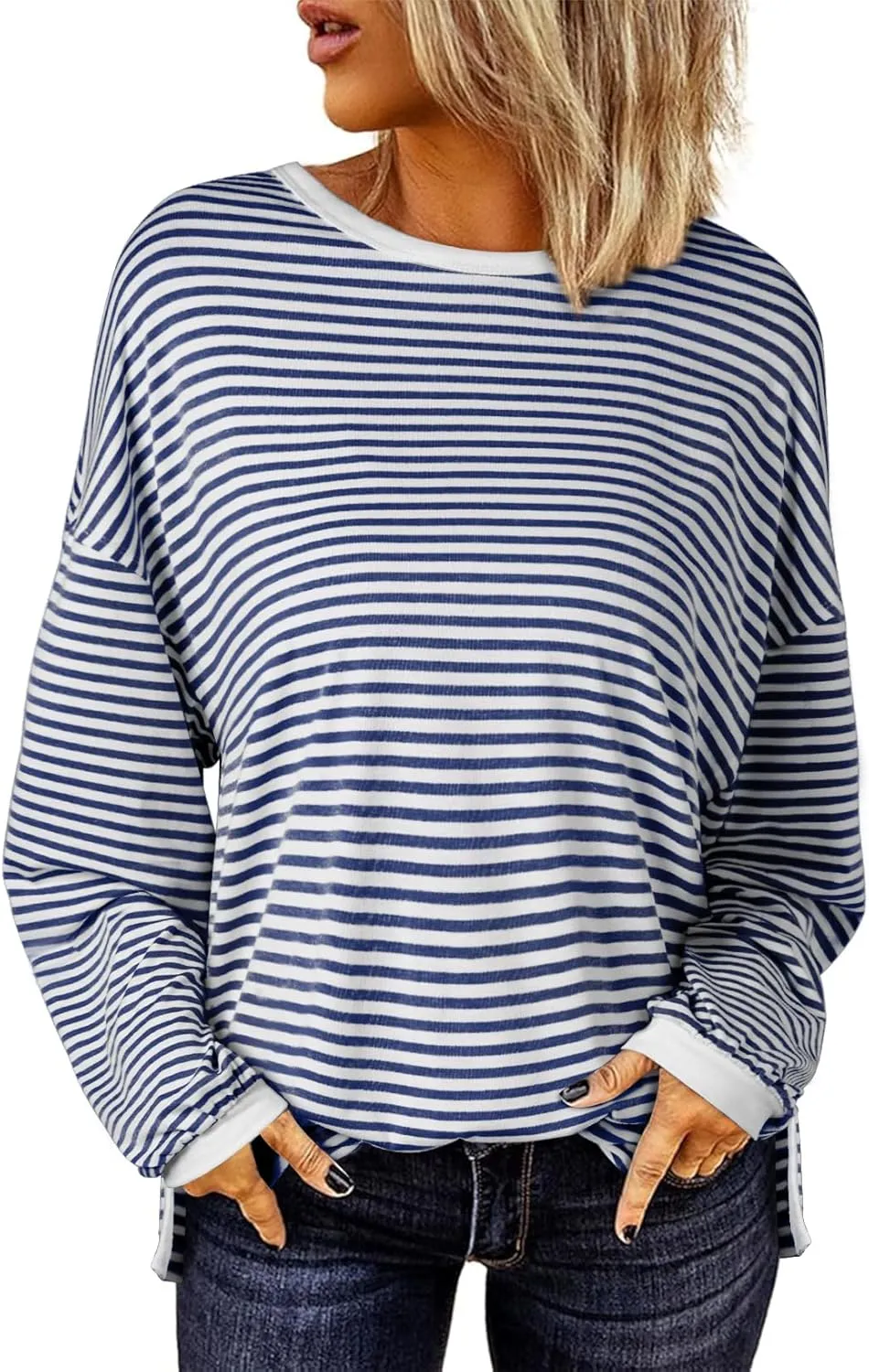 EVALESS Long Sleeve Shirts for Women Trendy Lightweight Crew Neck Striped Tee Shirt Top