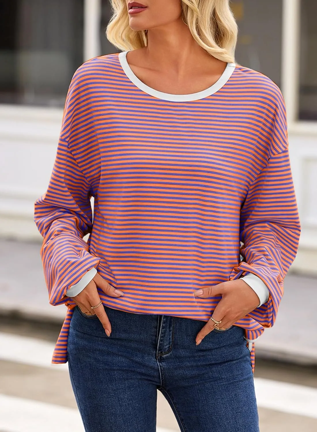 EVALESS Long Sleeve Shirts for Women Trendy Lightweight Crew Neck Striped Tee Shirt Top