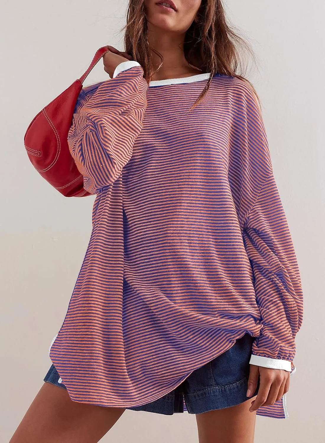 EVALESS Long Sleeve Shirts for Women Trendy Lightweight Crew Neck Striped Tee Shirt Top