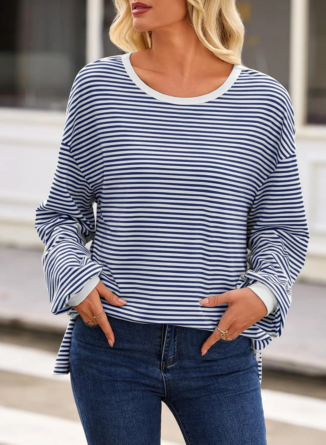 EVALESS Long Sleeve Shirts for Women Trendy Lightweight Crew Neck Striped Tee Shirt Top