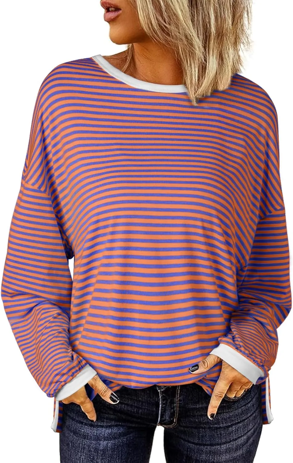 EVALESS Long Sleeve Shirts for Women Trendy Lightweight Crew Neck Striped Tee Shirt Top
