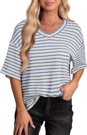 EVALESS Womens Oversized Shirts Summer Tops V Neck Short Sleeve Striped Tee Shirt