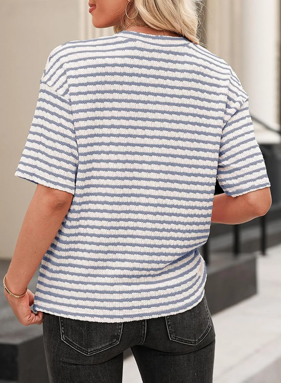 EVALESS Womens Oversized Shirts Summer Tops V Neck Short Sleeve Striped Tee Shirt