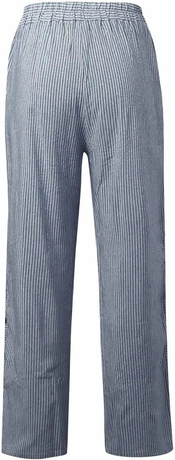 fanmpghleoo Striped Linen Pants Women Summer Elastic High Waisted Wide Leg Pinstripe Pants Casual Plus Size Beach Gauze Pants