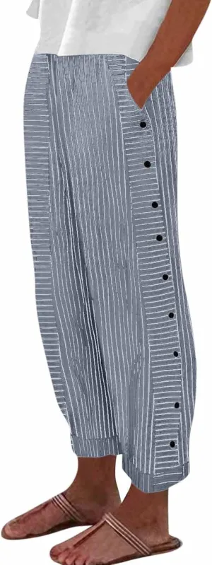 fanmpghleoo Striped Linen Pants Women Summer Elastic High Waisted Wide Leg Pinstripe Pants Casual Plus Size Beach Gauze Pants