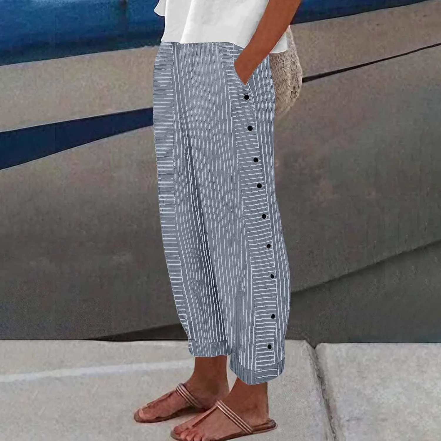 fanmpghleoo Striped Linen Pants Women Summer Elastic High Waisted Wide Leg Pinstripe Pants Casual Plus Size Beach Gauze Pants