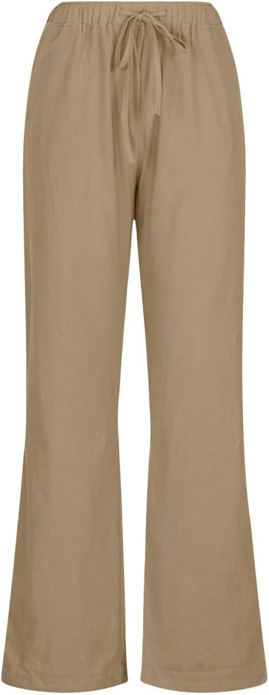 fanmpghleoo Womens Linen Pants Summer Casual Loose Wide Leg Pants Drawstring High Waisted Palazzo Pants Trousers with Pockets