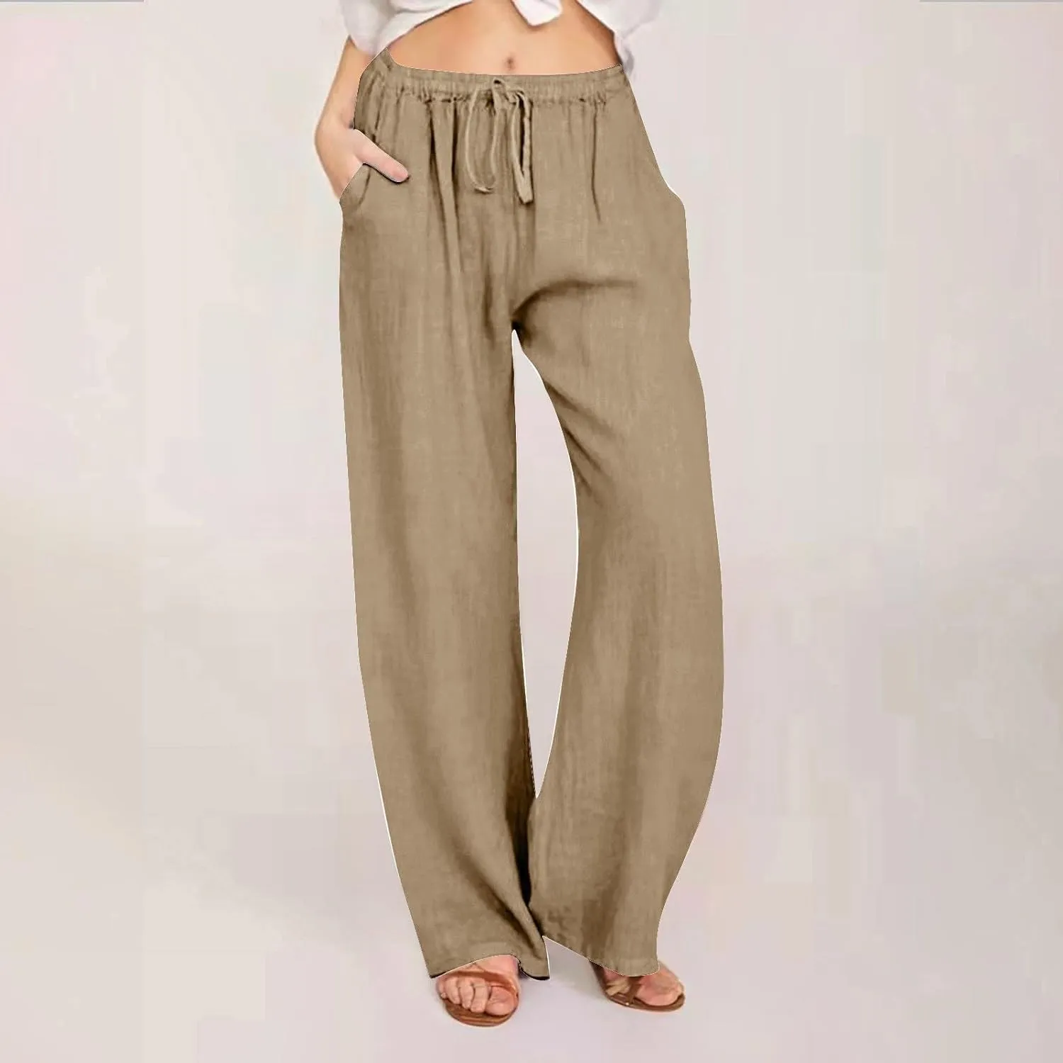 fanmpghleoo Womens Linen Pants Summer Casual Loose Wide Leg Pants Drawstring High Waisted Palazzo Pants Trousers with Pockets