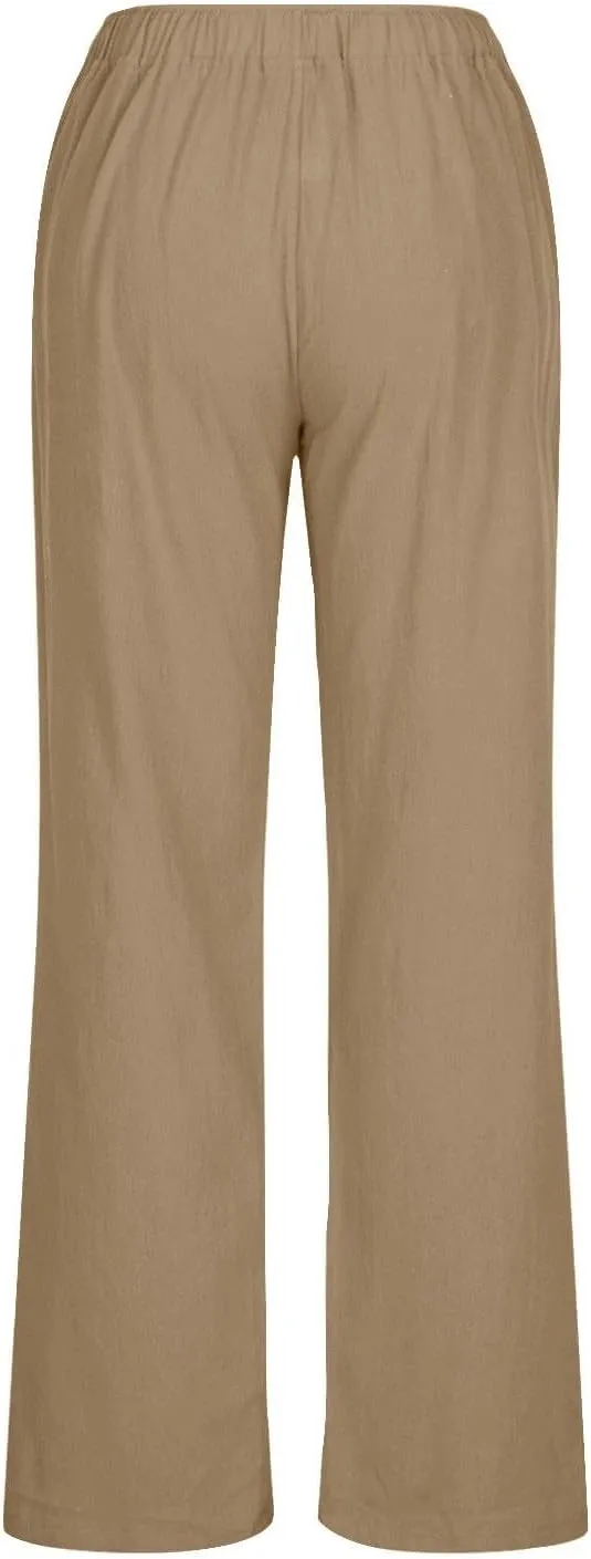 fanmpghleoo Womens Linen Pants Summer Casual Loose Wide Leg Pants Drawstring High Waisted Palazzo Pants Trousers with Pockets