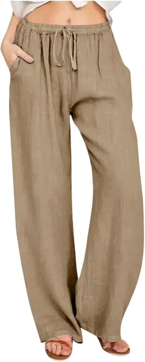 fanmpghleoo Womens Linen Pants Summer Casual Loose Wide Leg Pants Drawstring High Waisted Palazzo Pants Trousers with Pockets