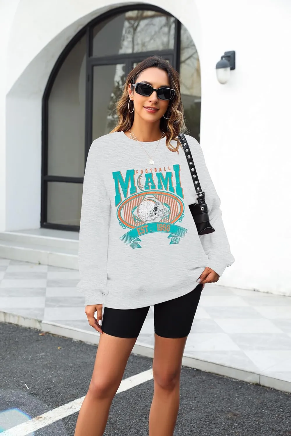 FASHGL Miami Football Sweatshirt Women Game Day Oversize Shirt Sunday Funday Football Season Long Sleeve Shirt