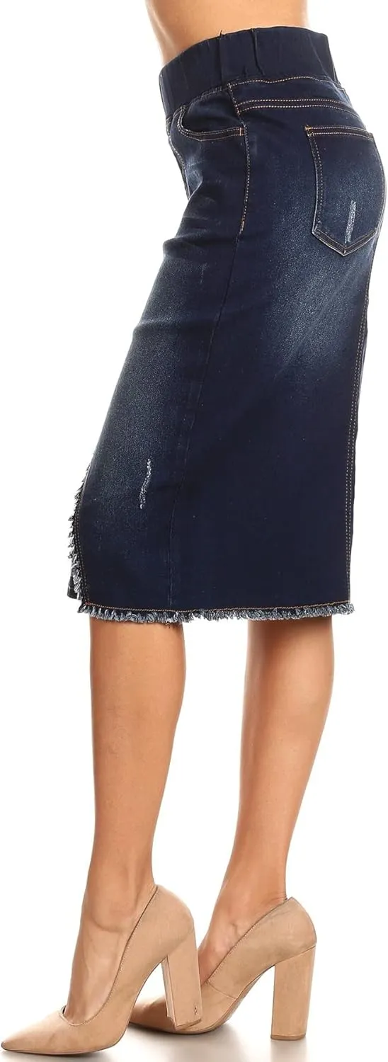 Fashion2Love Women's Size High Waisted Shaping Pull-On Stretch Denim Mid Length Skirt (77560)