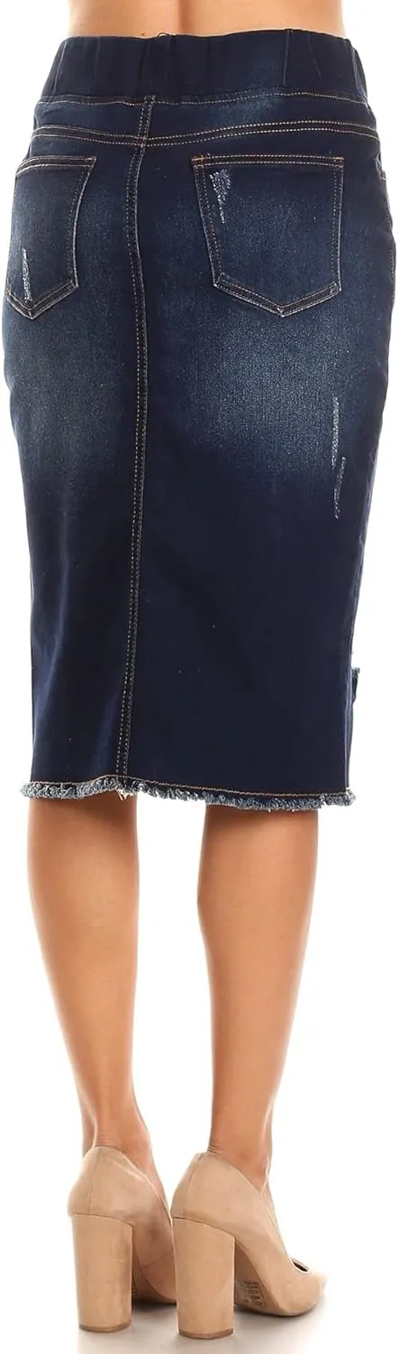 Fashion2Love Women's Size High Waisted Shaping Pull-On Stretch Denim Mid Length Skirt (77560)