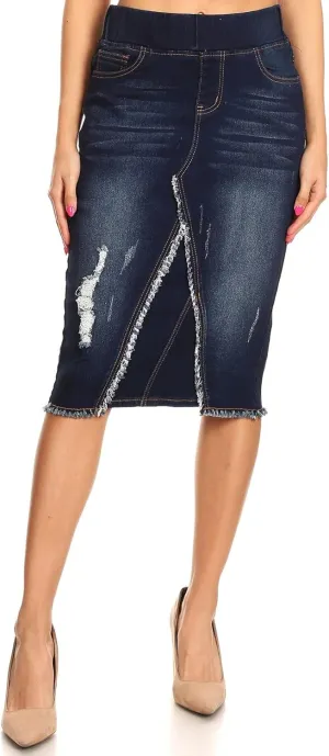 Fashion2Love Women's Size High Waisted Shaping Pull-On Stretch Denim Mid Length Skirt (77560)