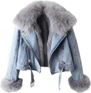 Faux Fur Coat Women Winter Denim Jacket Thickened Rabbit Fur Lined Jean Jackets Shaggy Removable Cropped Top Soft Coat