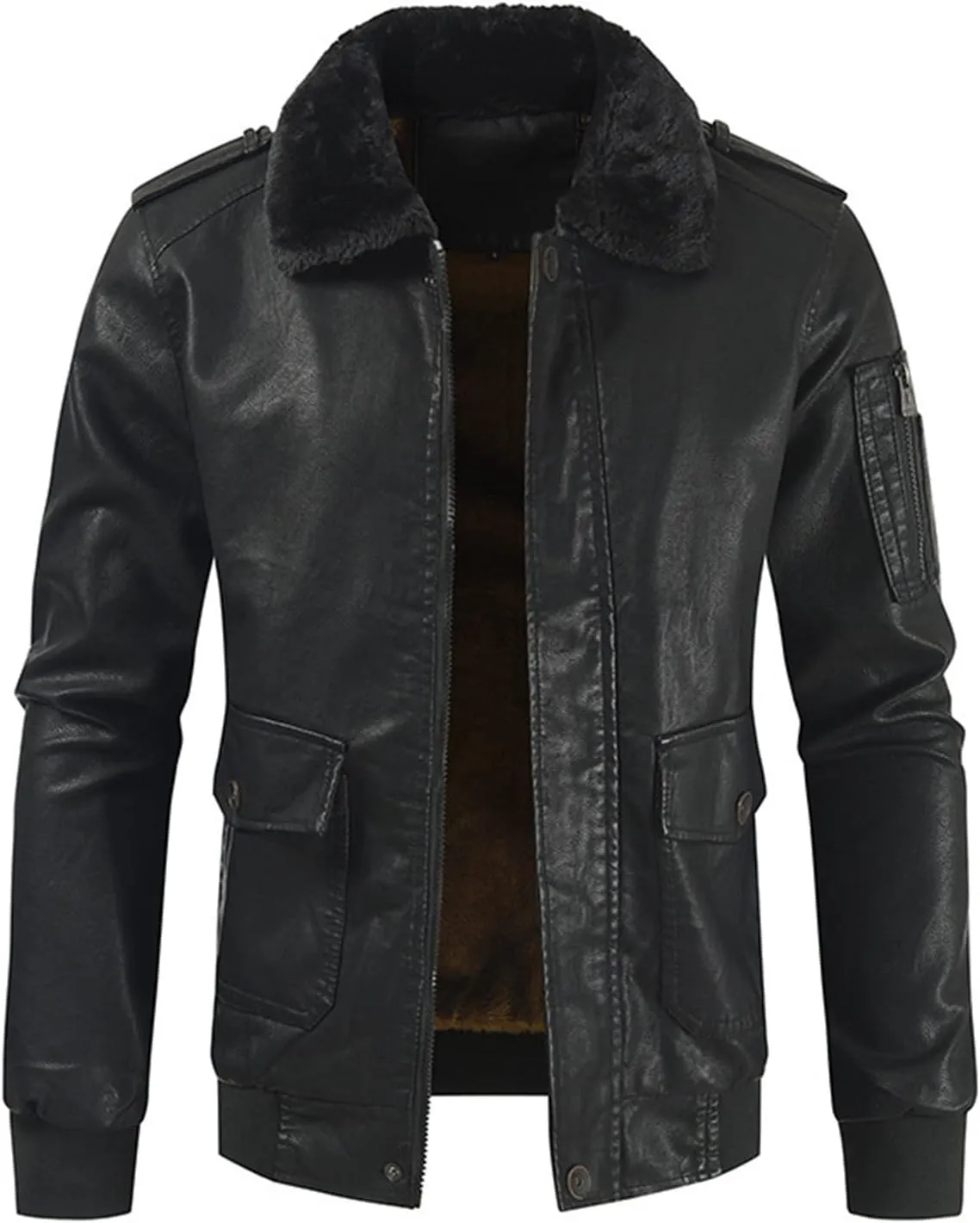 Faux Leather Jacket Men,Bomber Motorcycle Jacket Coats Zipper Slim Sherpa Lined Winter Warm Outwear with Pocket