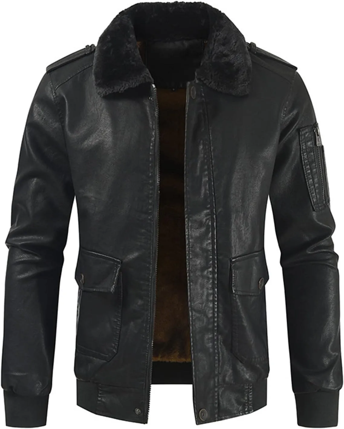 Faux Leather Jacket Men,Bomber Motorcycle Jacket Coats Zipper Slim Sherpa Lined Winter Warm Outwear with Pocket