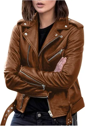 Faux Leather Jacket Women Zip Up Motorcycle Jacket Slim Leather Jacket Biker Jacket Plus Size Outerwear with Pockets