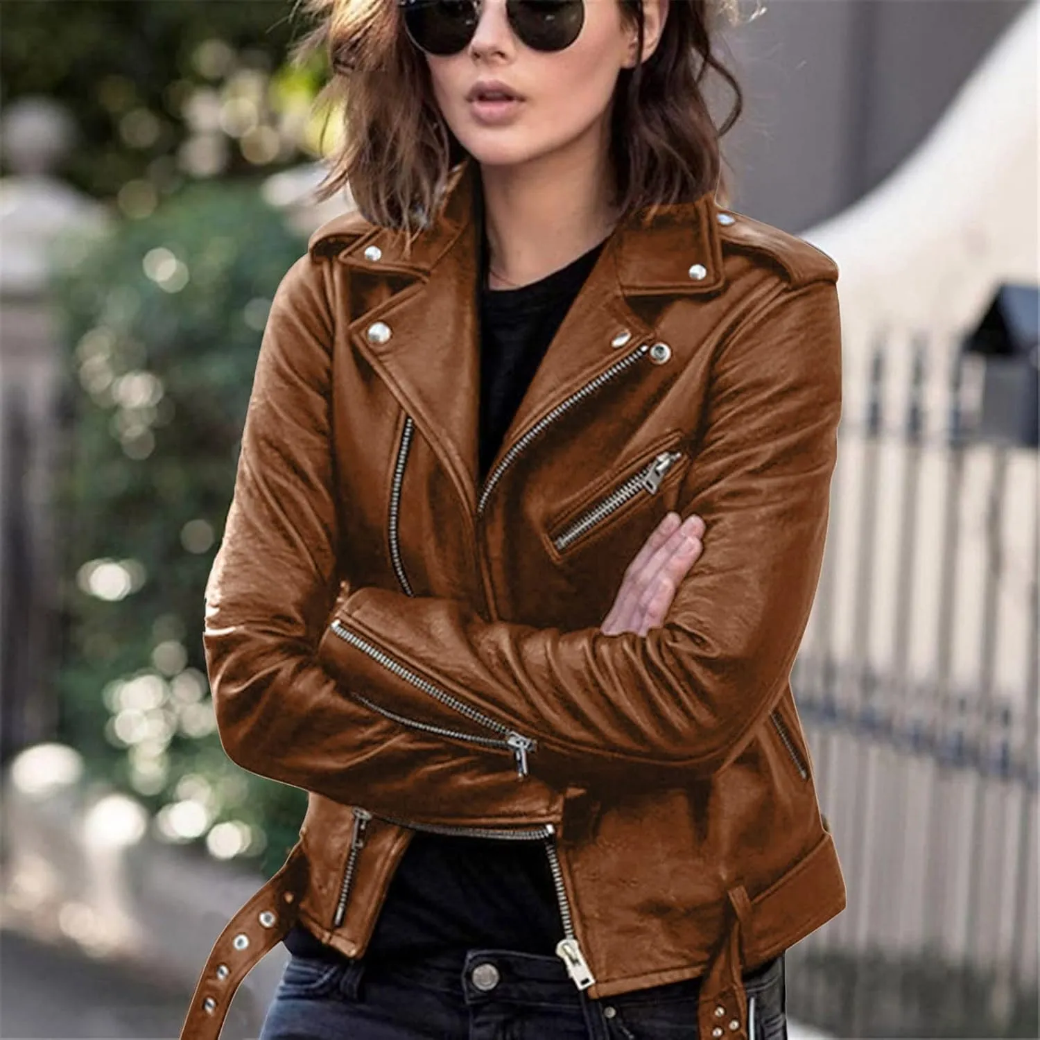 Faux Leather Jacket Women Zip Up Motorcycle Jacket Slim Leather Jacket Biker Jacket Plus Size Outerwear with Pockets