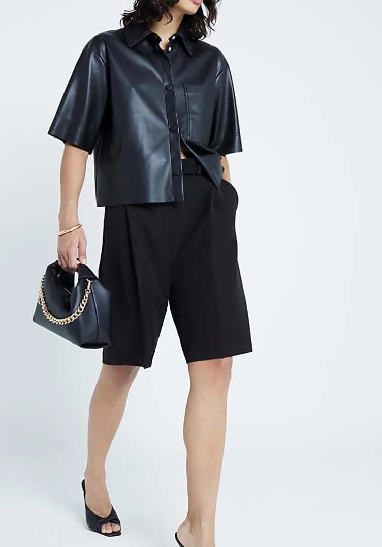 Faux Leather Shirt Women Loose Fit Short Sleeve PU Leather Button Down Crop Shirt with Pocket