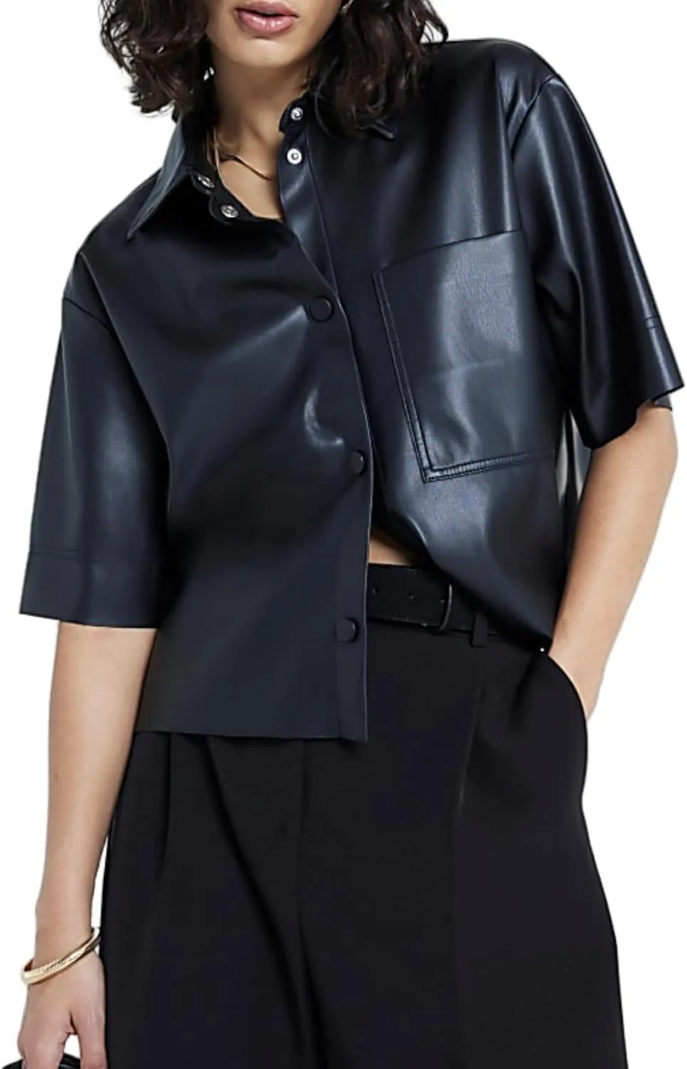Faux Leather Shirt Women Loose Fit Short Sleeve PU Leather Button Down Crop Shirt with Pocket