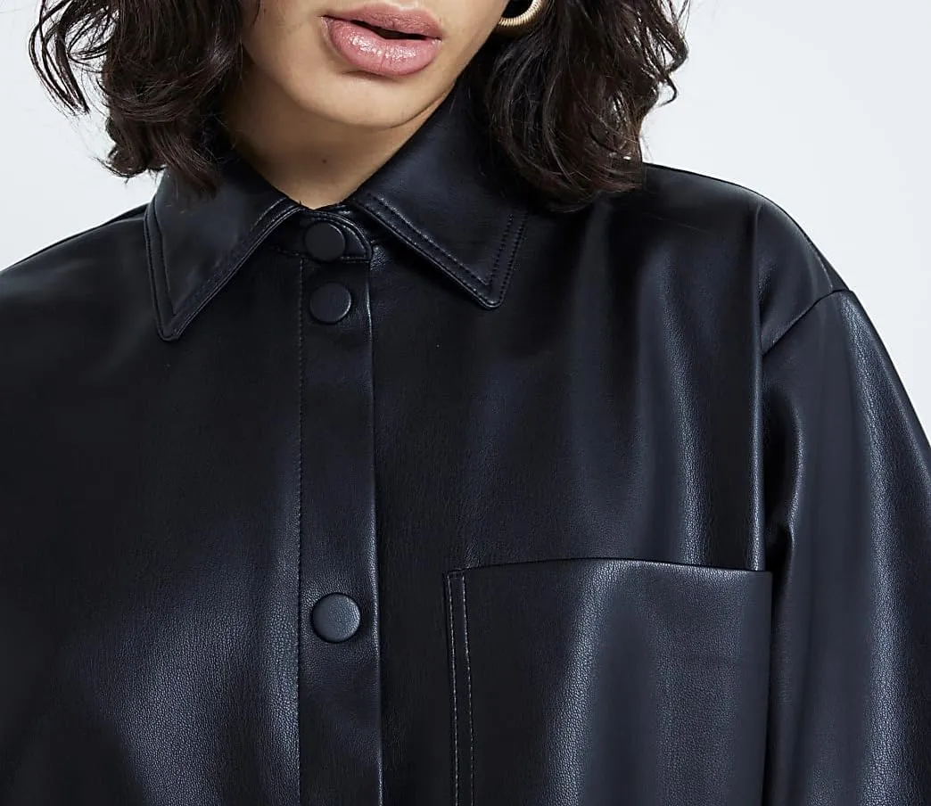 Faux Leather Shirt Women Loose Fit Short Sleeve PU Leather Button Down Crop Shirt with Pocket