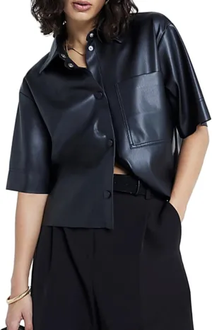Faux Leather Shirt Women Loose Fit Short Sleeve PU Leather Button Down Crop Shirt with Pocket