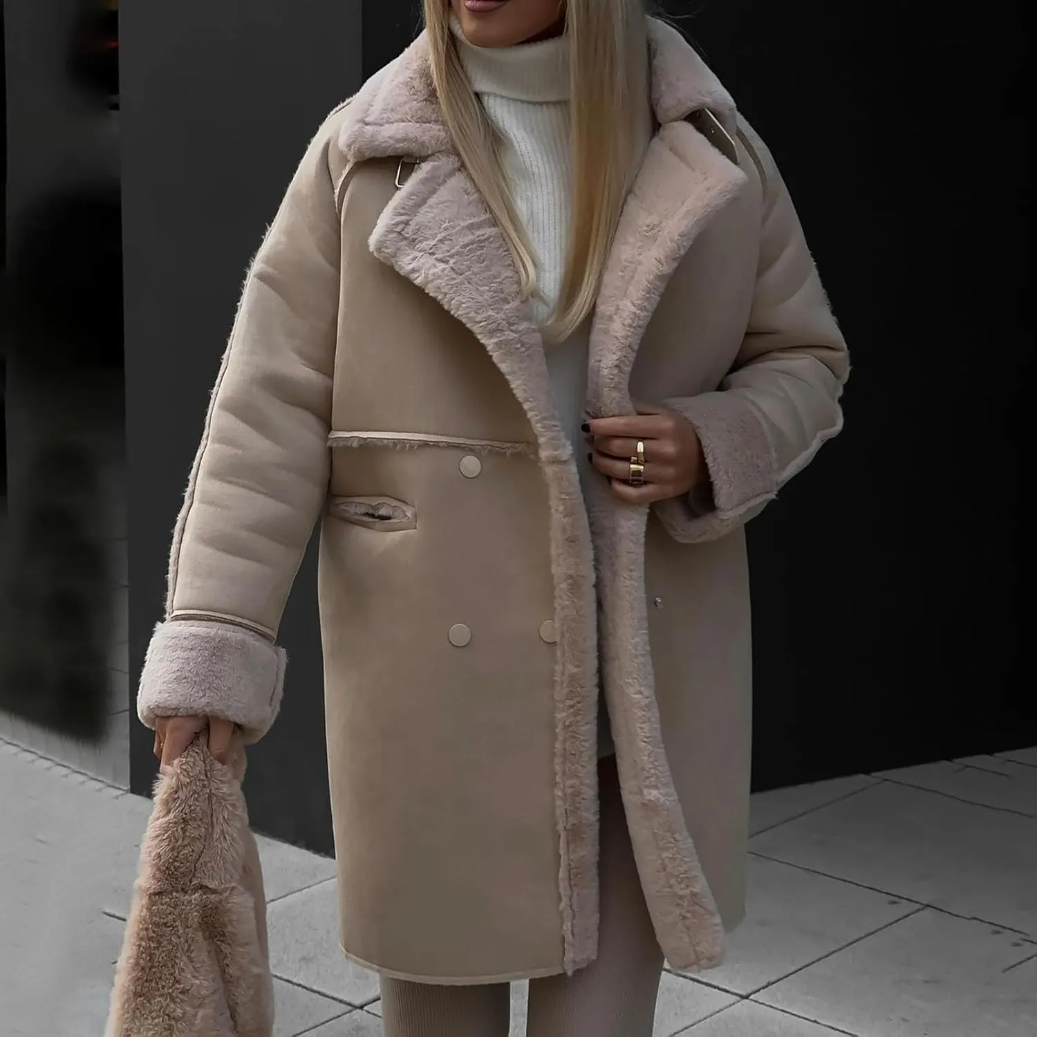 Faux Suede Leather Women Fleece Lined Jackets Notched Lapel Winter Coats Fuzzy Sherpa Long Trench Coat Warm Overcoat