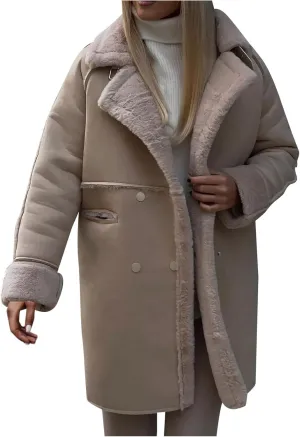 Faux Suede Leather Women Fleece Lined Jackets Notched Lapel Winter Coats Fuzzy Sherpa Long Trench Coat Warm Overcoat
