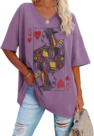 Fazortev Womens Oversized Queen Of Hearts Graphic T Shirts Casual V Neck Half Sleeve Summer Loose Tees Tunic Tops