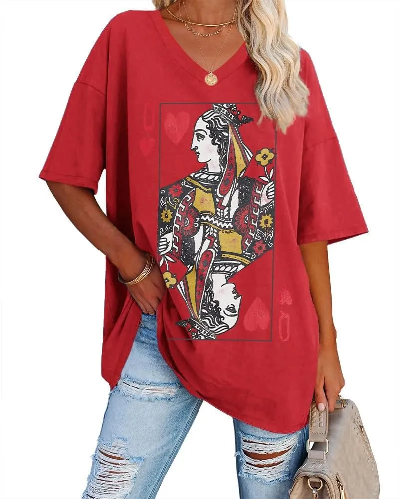 Fazortev Womens Oversized Queen Of Hearts Graphic T Shirts Casual V Neck Half Sleeve Summer Loose Tees Tunic Tops