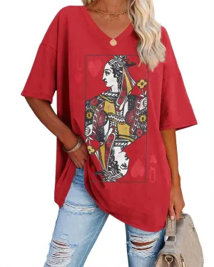 Fazortev Womens Oversized Queen Of Hearts Graphic T Shirts Casual V Neck Half Sleeve Summer Loose Tees Tunic Tops