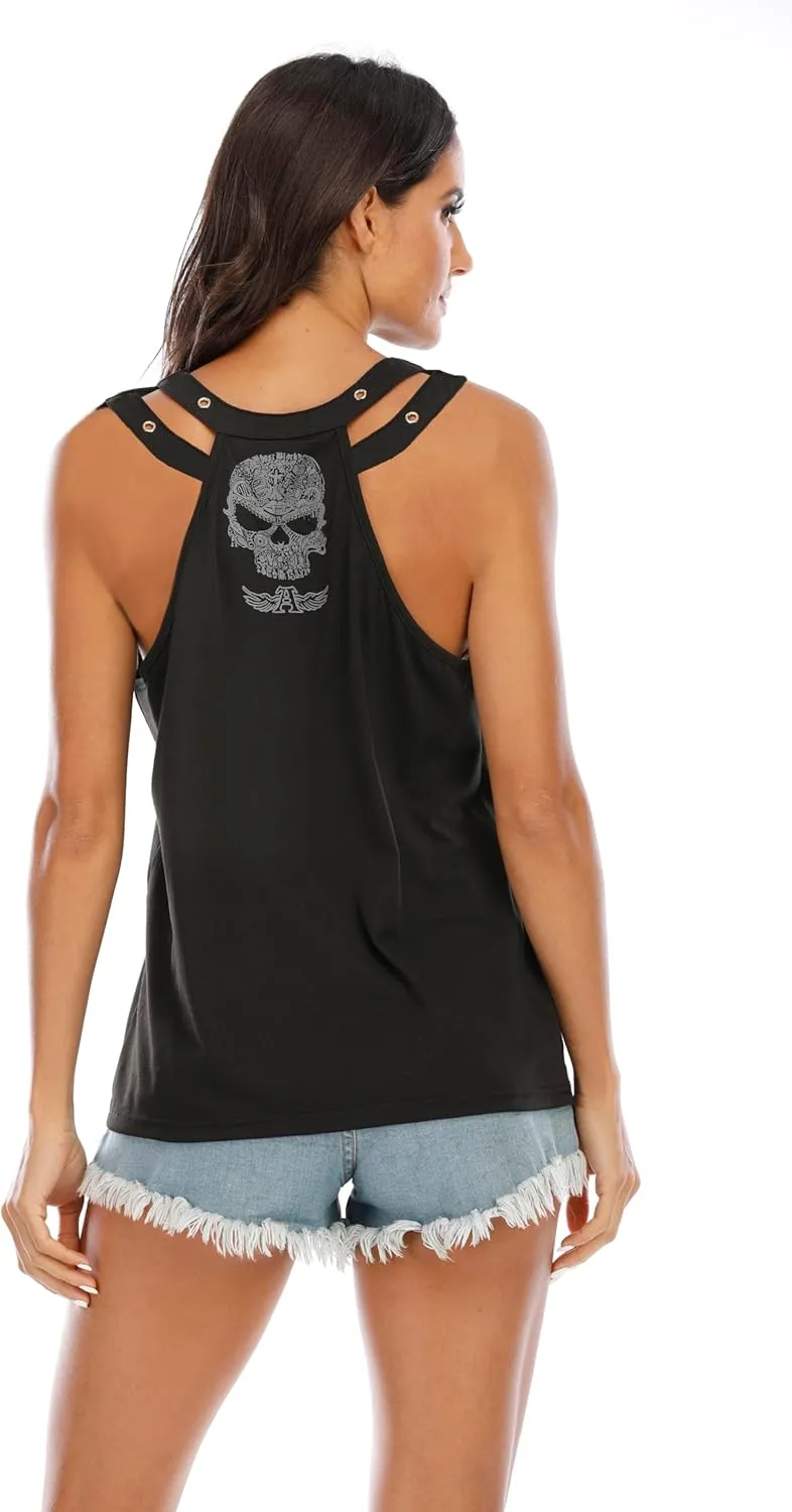Fensajomon Skull Shirt for Women Tank Top Sleeveless Workout Summer Printed Loose Running T-Shirt Vest