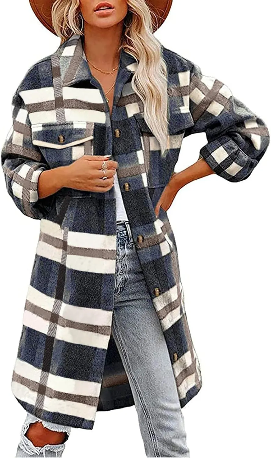 Flannel Shirts for Women Quilted Lined Shacket Jacket Fall Winter Tartan Trench Coat Tartan Long Jacket Coats