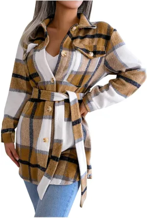 Flannel Shirts for Women Winter Tartan Jacket Tartan Trench Coat with Belt Quilted Lined Shacket Jacket