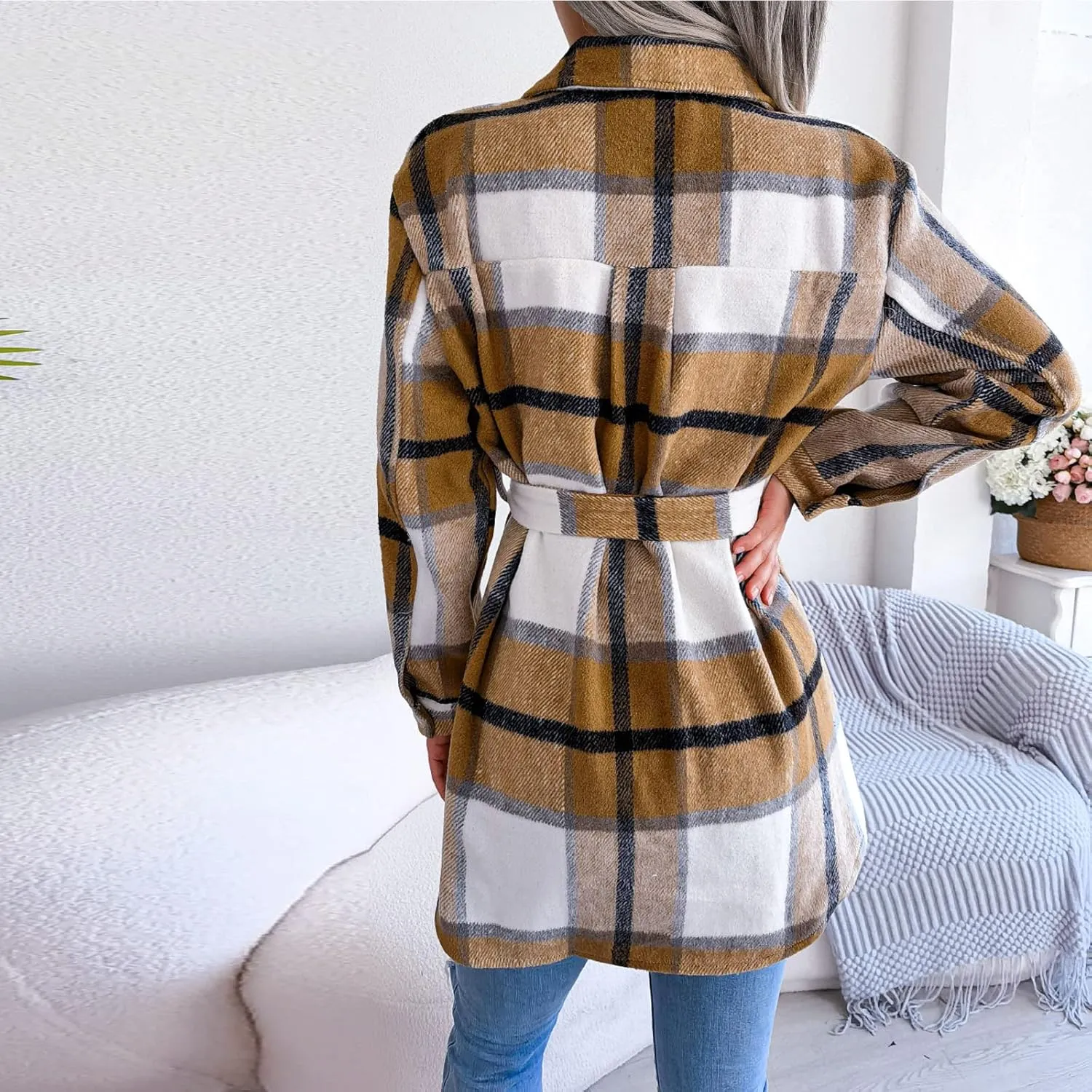 Flannel Shirts for Women Winter Tartan Jacket Tartan Trench Coat with Belt Quilted Lined Shacket Jacket