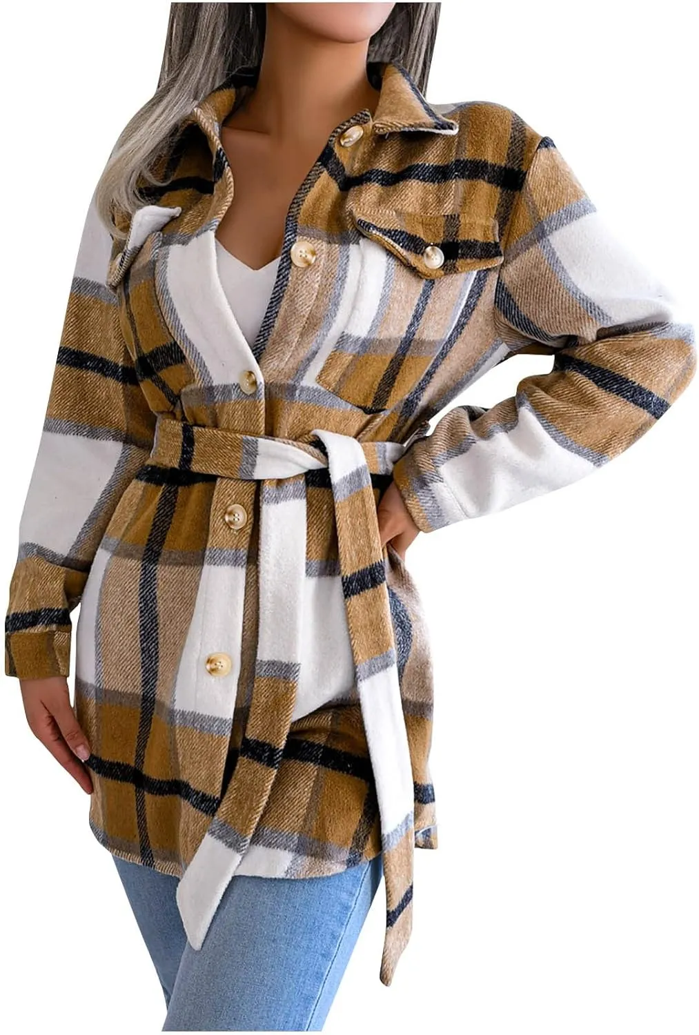 Flannel Shirts for Women Winter Tartan Jacket Tartan Trench Coat with Belt Quilted Lined Shacket Jacket