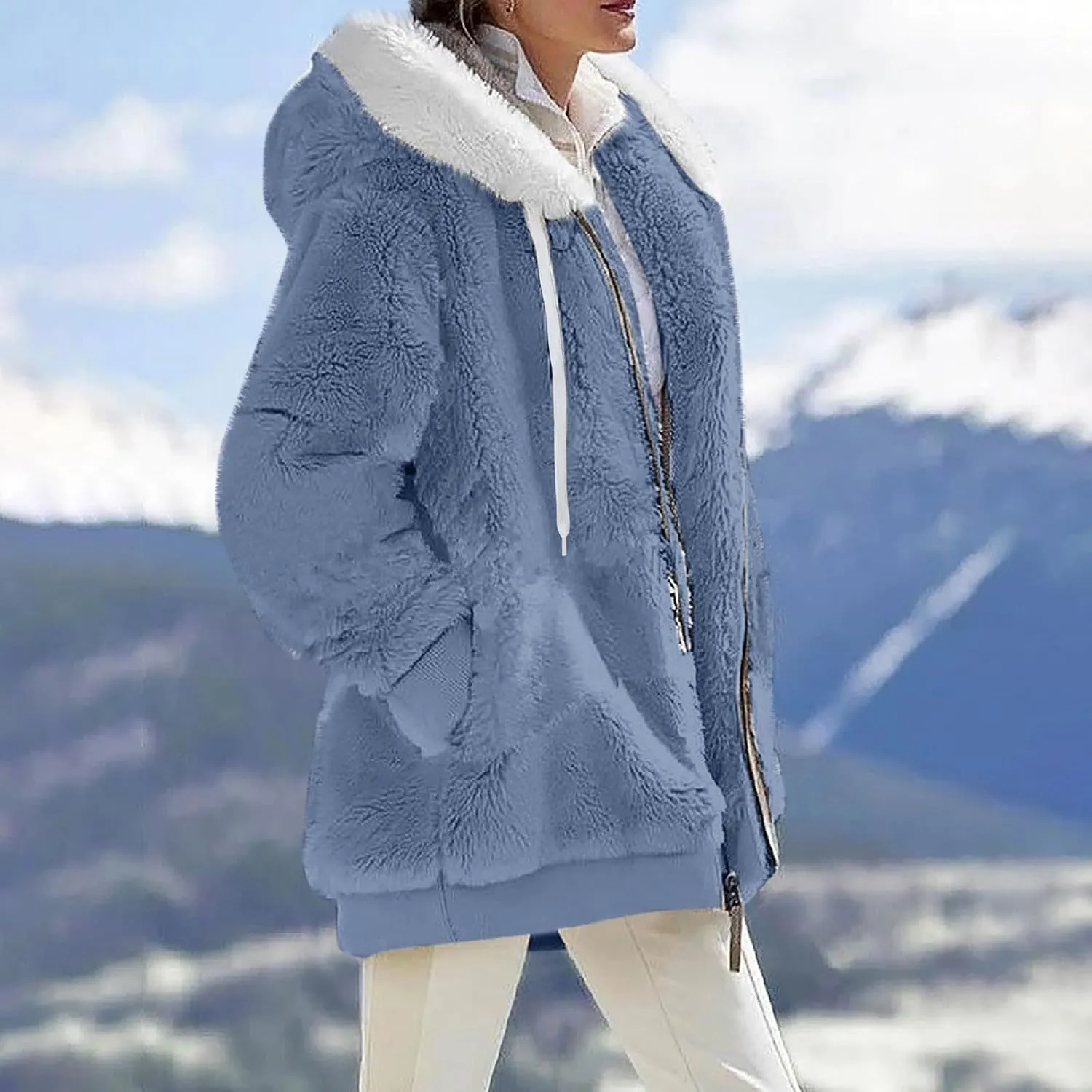 Fleece Jacket Women Sherpa Jacket Zip Up Hooded Oversized Coats Warm Winter Coats for Women 2024 with Pockets