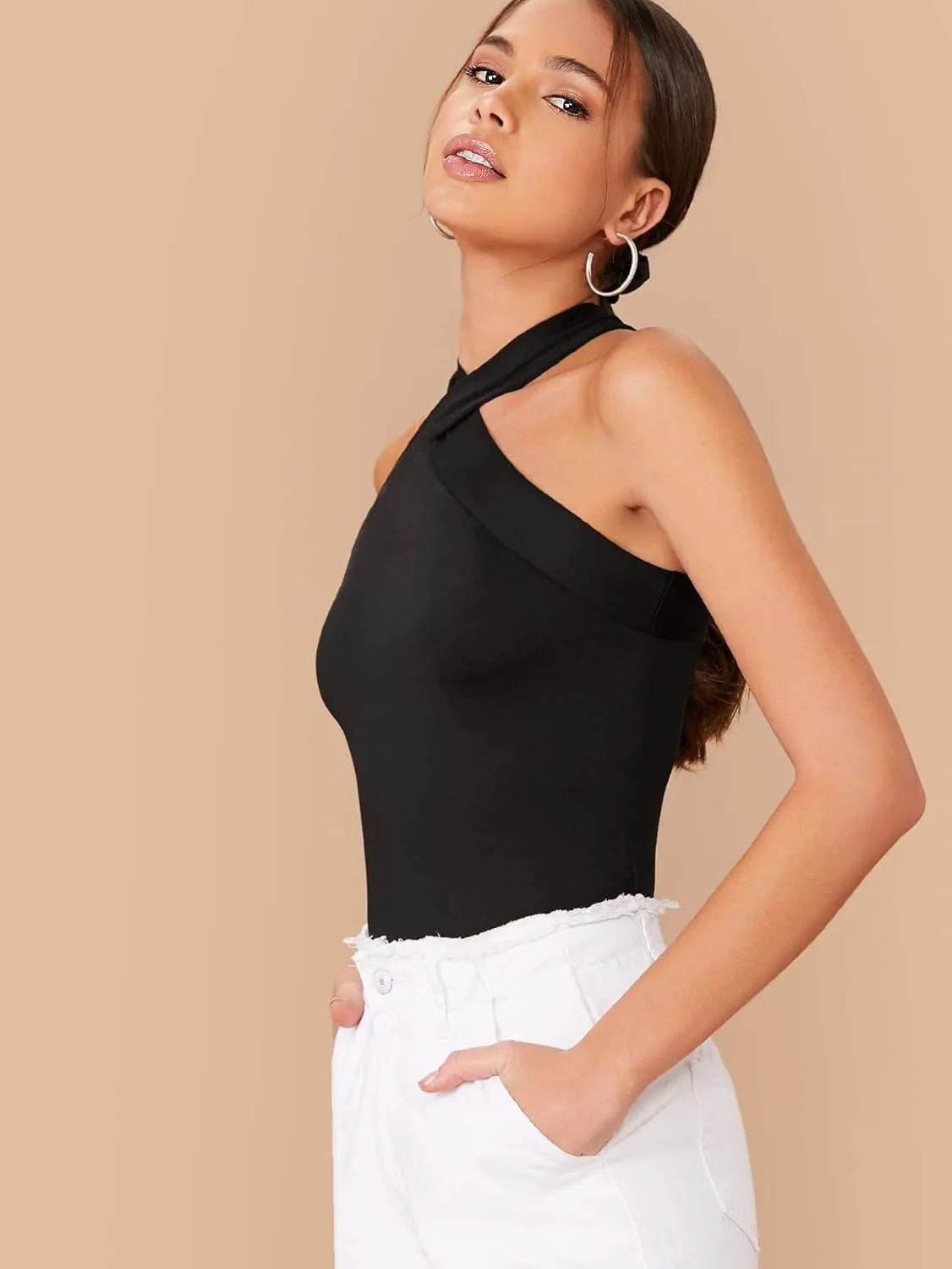 Floerns Women's Solid Criss Cross Halter Top Sleeveless Tee Shirt