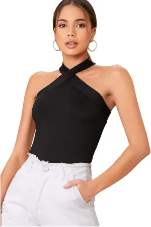 Floerns Women's Solid Criss Cross Halter Top Sleeveless Tee Shirt